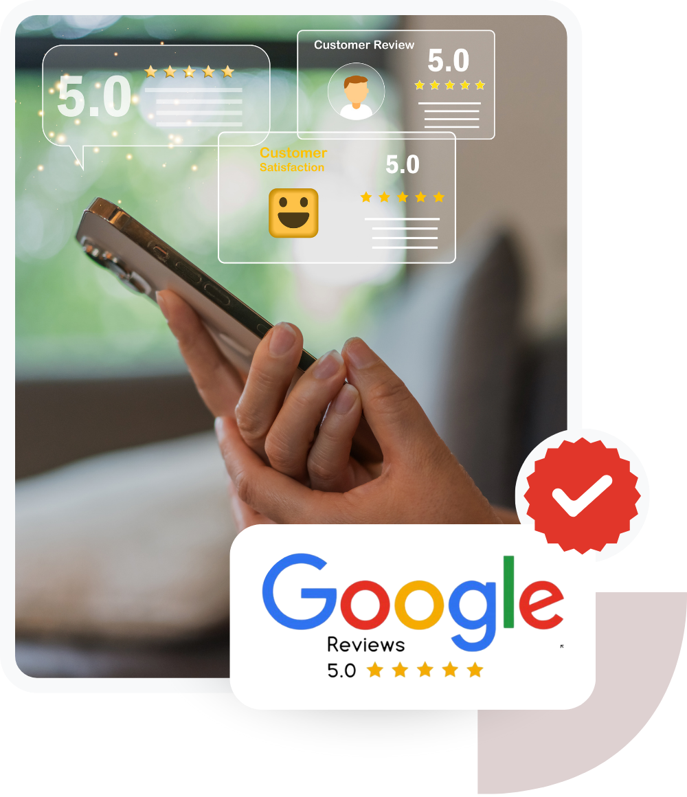 Hands with smartphone with baloons reviews above